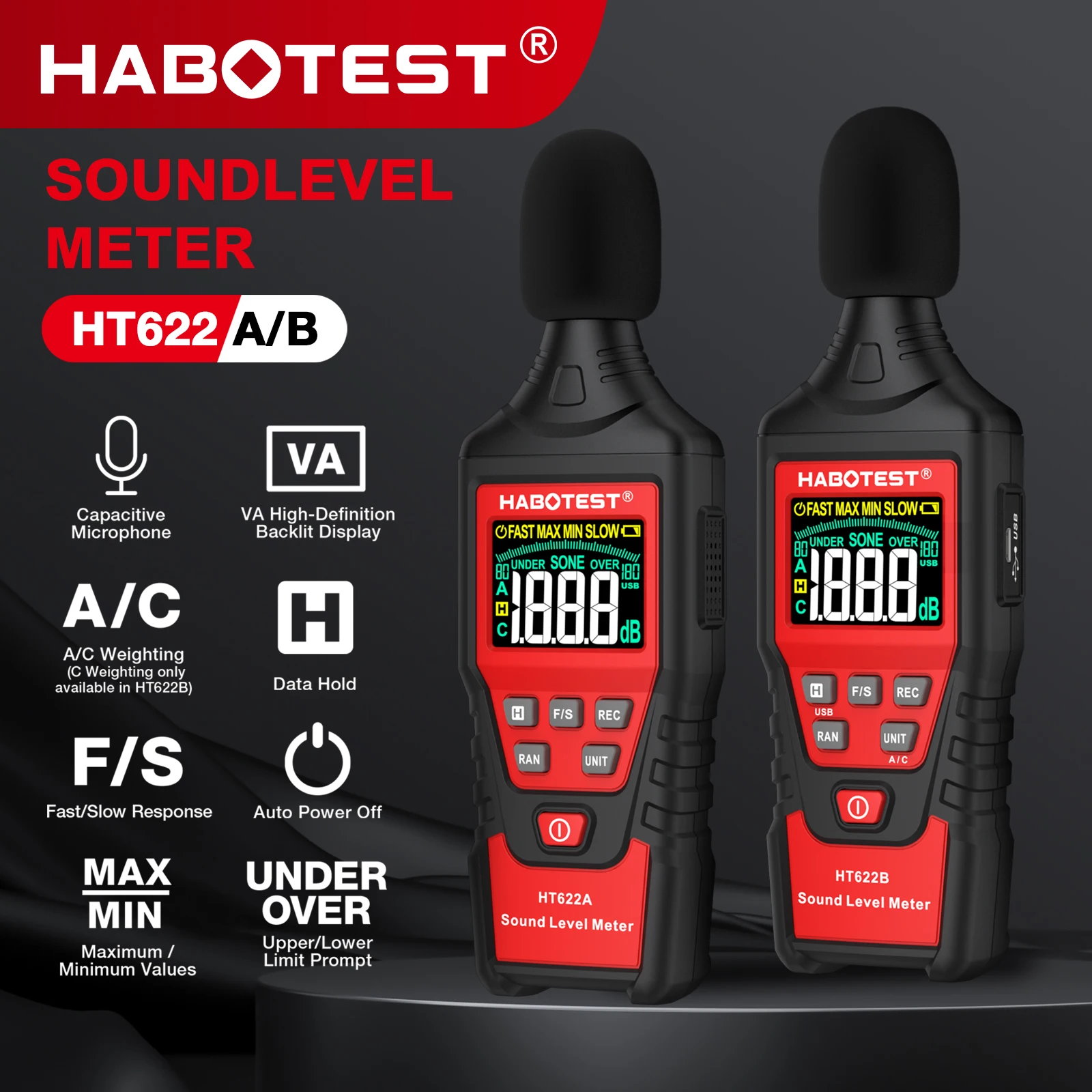 Sound Level Meter Digital Noise Meter HABOTEST HT622 Sound Level Meter Portable SPL Meter 30dBA to 130dBA Audio Noise Volume Measuring Instrument Decibel