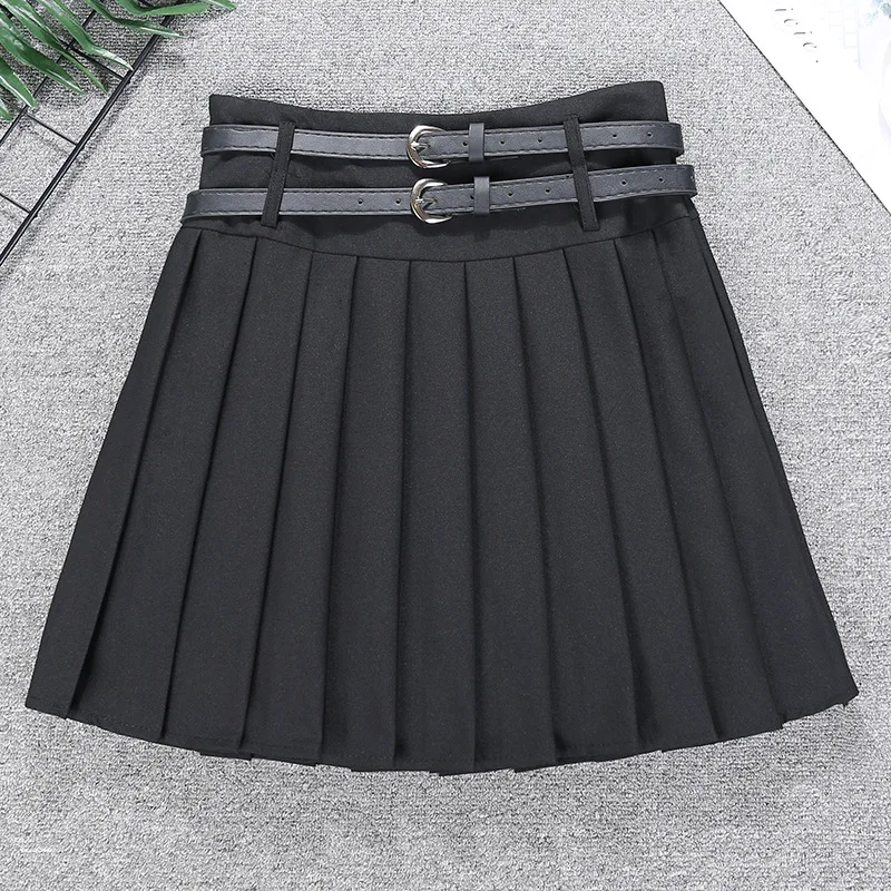 Double Belt Mini Pleated Summer Skirts High Waist Grey College