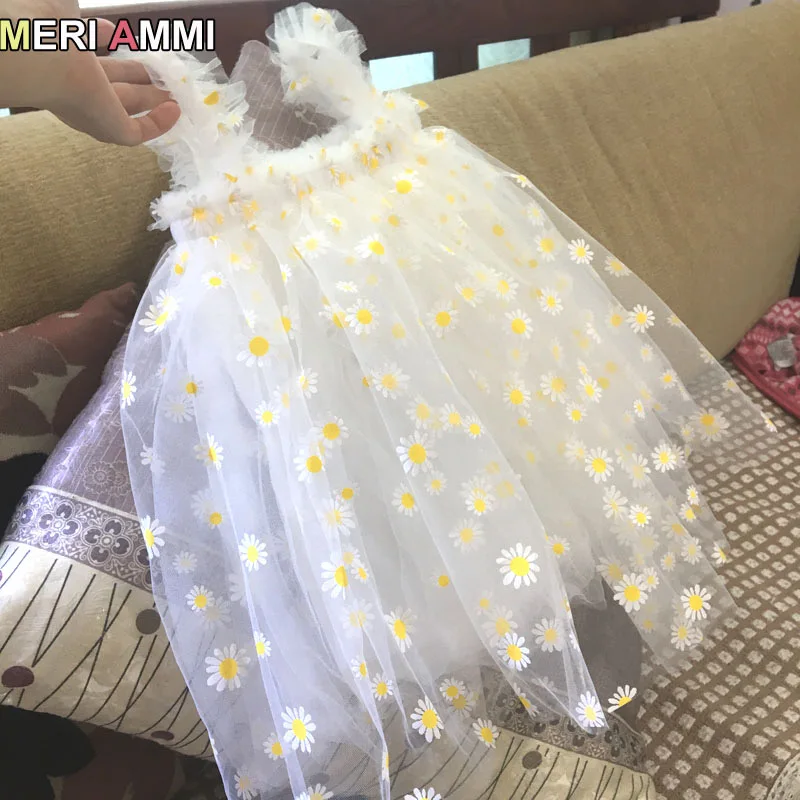 For 1-13 Y Daisy Flower Girls Birthday Dress Kid Children Clothing Sleeveless Floral Party Christmas Knee Length Mesh girls dress,kids clothes