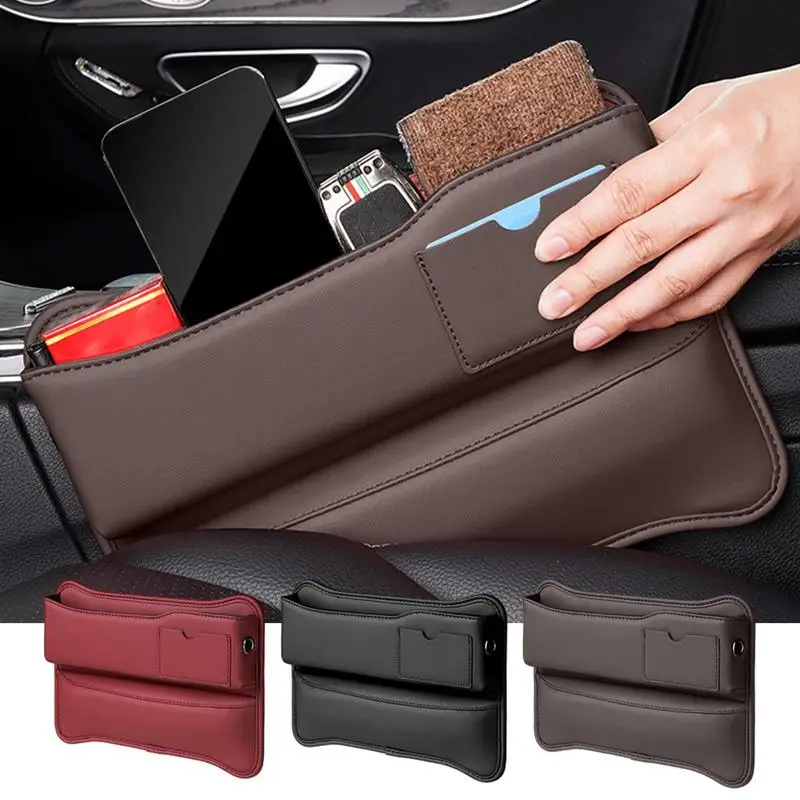 

Leather Car Seat Gaps Organizer Universal Charging Cable Hole Cell Phones Glasses Cards Storage Box For Car Interior Accessories