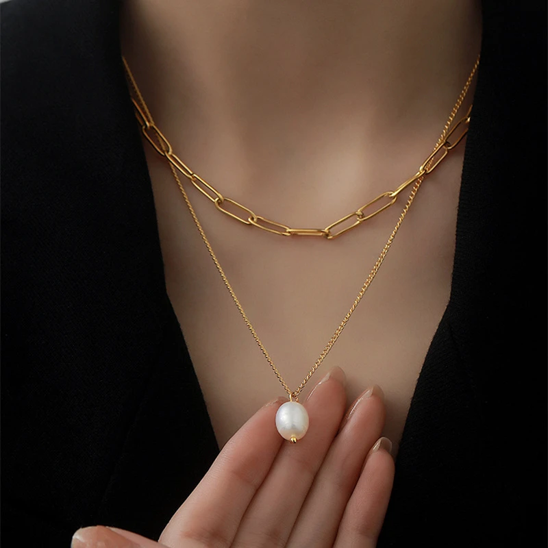 Цепочка-чокер женская из нержавеющей стали 316L, изящное Ювелирное Украшение в минималистском стиле, Двухслойное ожерелье с подвесками с жемчугом