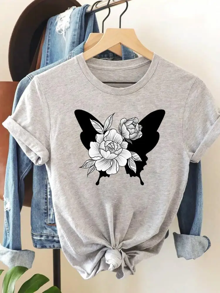 

Футболка женская летняя графическая с коротким рукавом, модная одежда с принтом цветов, крыльев, бабочек, милый Повседневный Топ