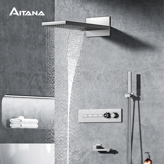 ระบบฝักบัวอาบน้ําทองเหลืองสีดําหรูหราติดผนังการออกแบบจอแสดงผลดิจิตอล LED เย็นและร้อนควบคุมคู่ฝักบัวเพดาน 4 ฟังก์ชั่นแตะ 2