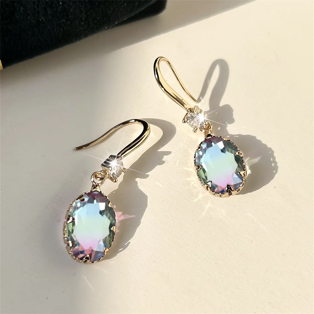 Rainbow Crystal Oval Stone Long Dangle Earrings For Women Vintage Gold Color Multicolor Zircon Drop Earring Wedding Jewelry Gift