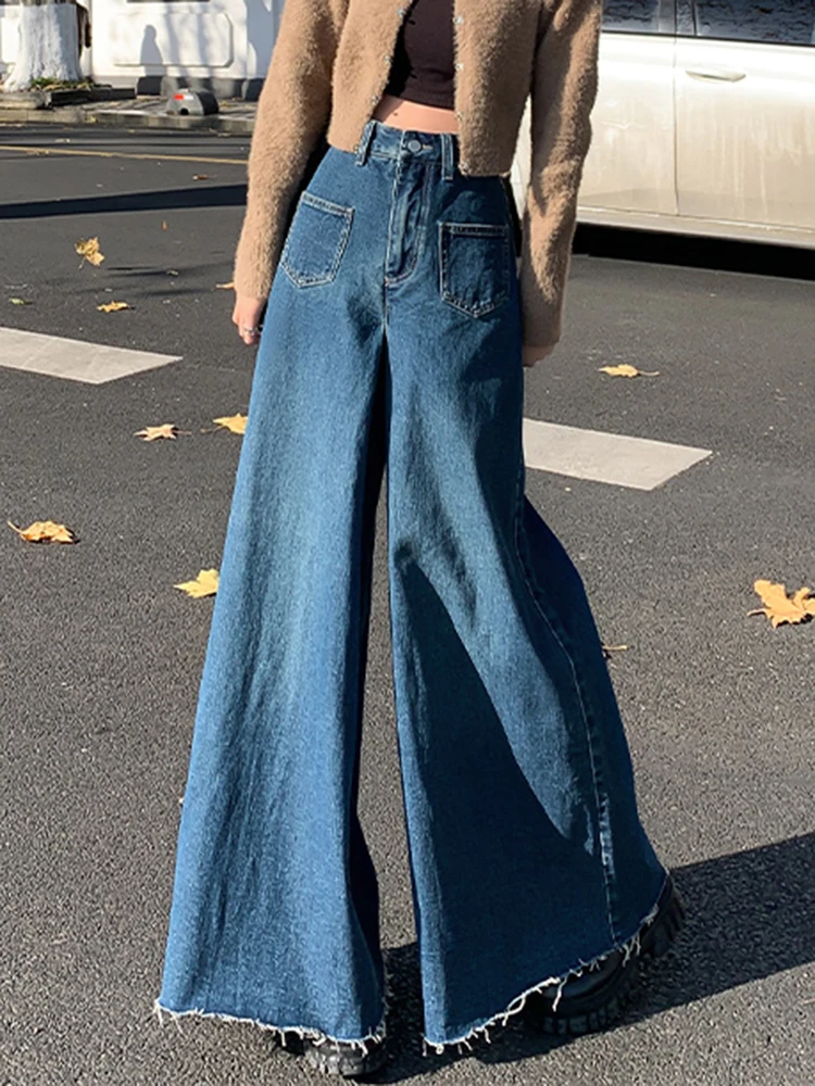 Toweling Loose Jeans Hiphop Vintage High Waist Jeans Ripped Tassel Wide Leg Baggy Jeans Mom Pants Loose Casual Straight Trousers