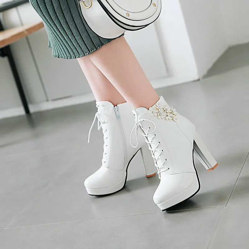 Women Ankle Boots Autumn Winter Round Toe Lace Up Chunky High Heel Shoes Platform Knight Short Boots Side Zipper Size 33-43