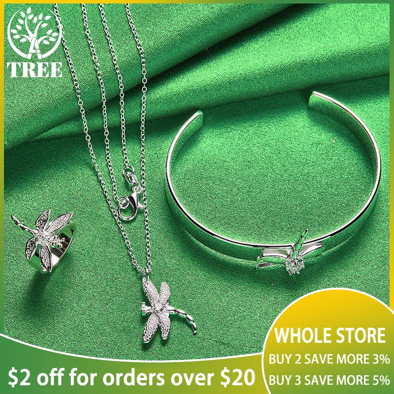 

ALITREE 3pcs 925 Sterling Silver Jewelry Set Fashion Dragonfly Zircon Necklace Bangles Rings Sets For Woman Charm Wedding Gifts