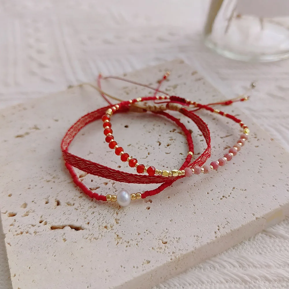 

KKBEAD Red Slim Beads Dainty Bracelets Set Friendship Jewelry Real Pearl Handwoven Cloth Braided Bracelet for Women Boho Pulsera