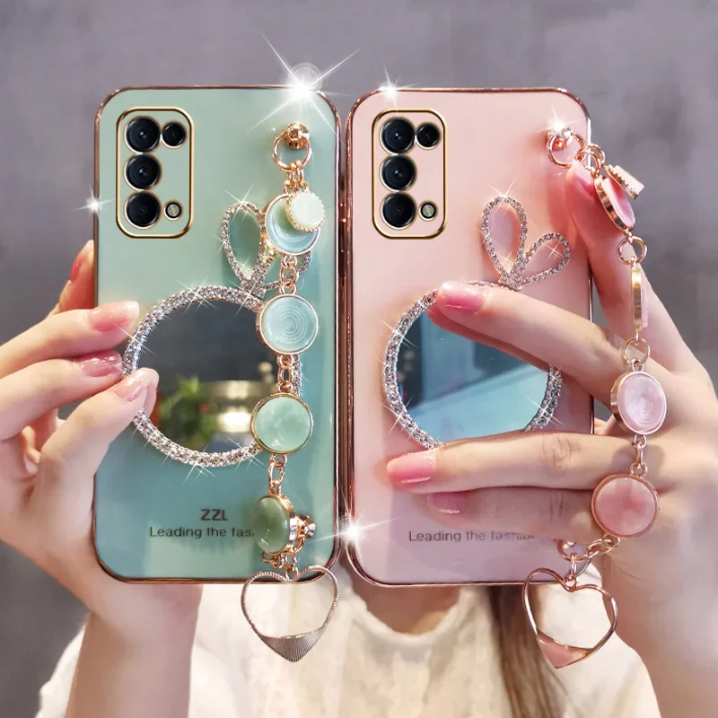Cute Bump Rabbit Ears Custodia A Specchio Per Oppo A77 A78 A94 5G A93 A73 A54S A17 A53 Reno 7 8 Texture Slip Crostacei Bracciale Cover