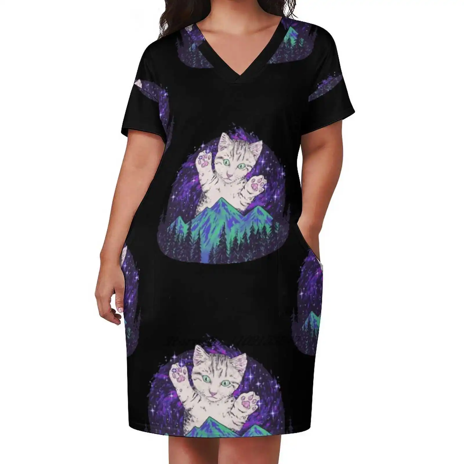 Aurora Meowealis Loose Pocket Dress Fashion Print Dress Short Sleeve V-Neck A-Line Dress Cat Kitten Kitteh Night Sky Sky Nature