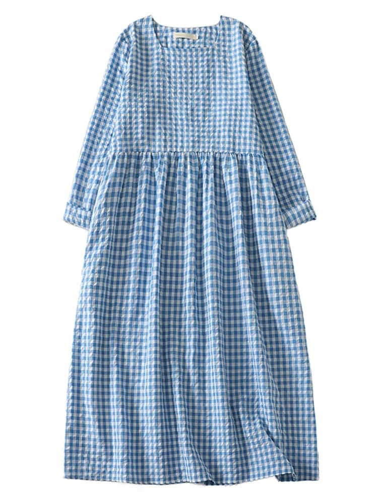 2025 Spring Autumn New Cotton Vintage Plaid Dresses For Women Long Sleeve Korean Loose Casual Dress Vestidos Elegant Clothing