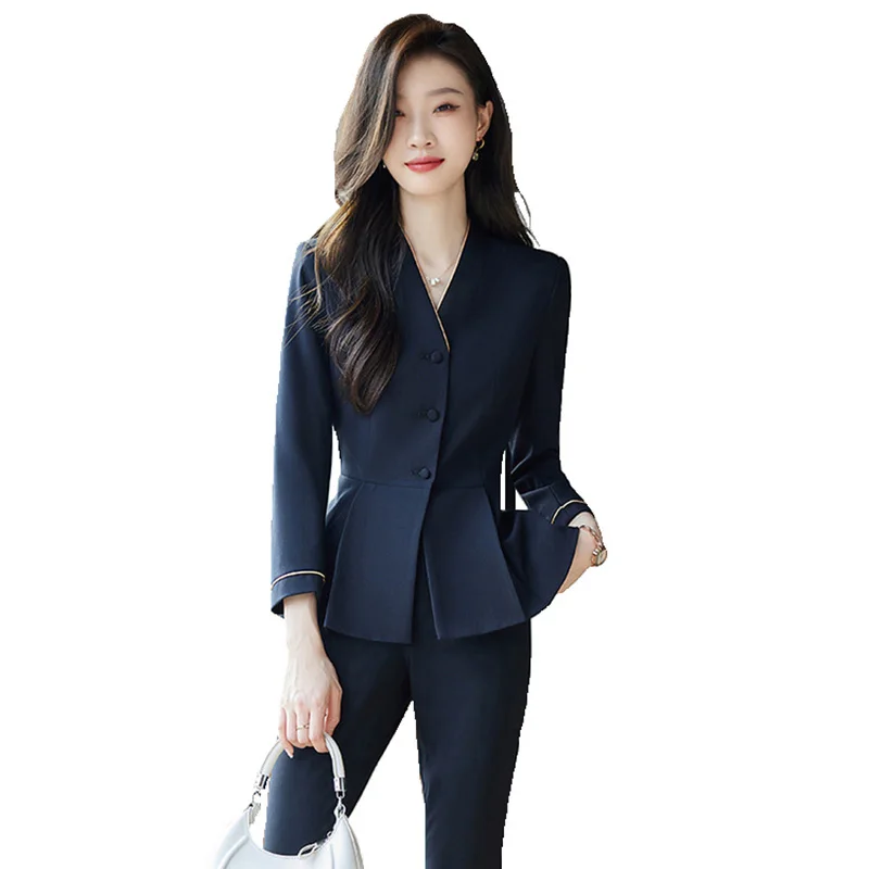 

Elegant Office Pant Suits Women Korean Fashion Long Sleeve V Neck Formal Blazer Jacket And Trousers Spring Autumn 2 Piece Set