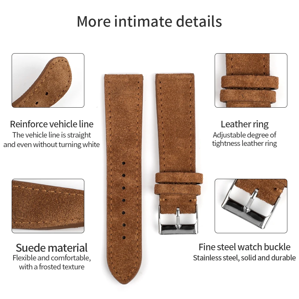 Luxurious Genuine Suede Leather Watch Strap with Stainless Steel Buckle - Available in Brown, Blue, and Black