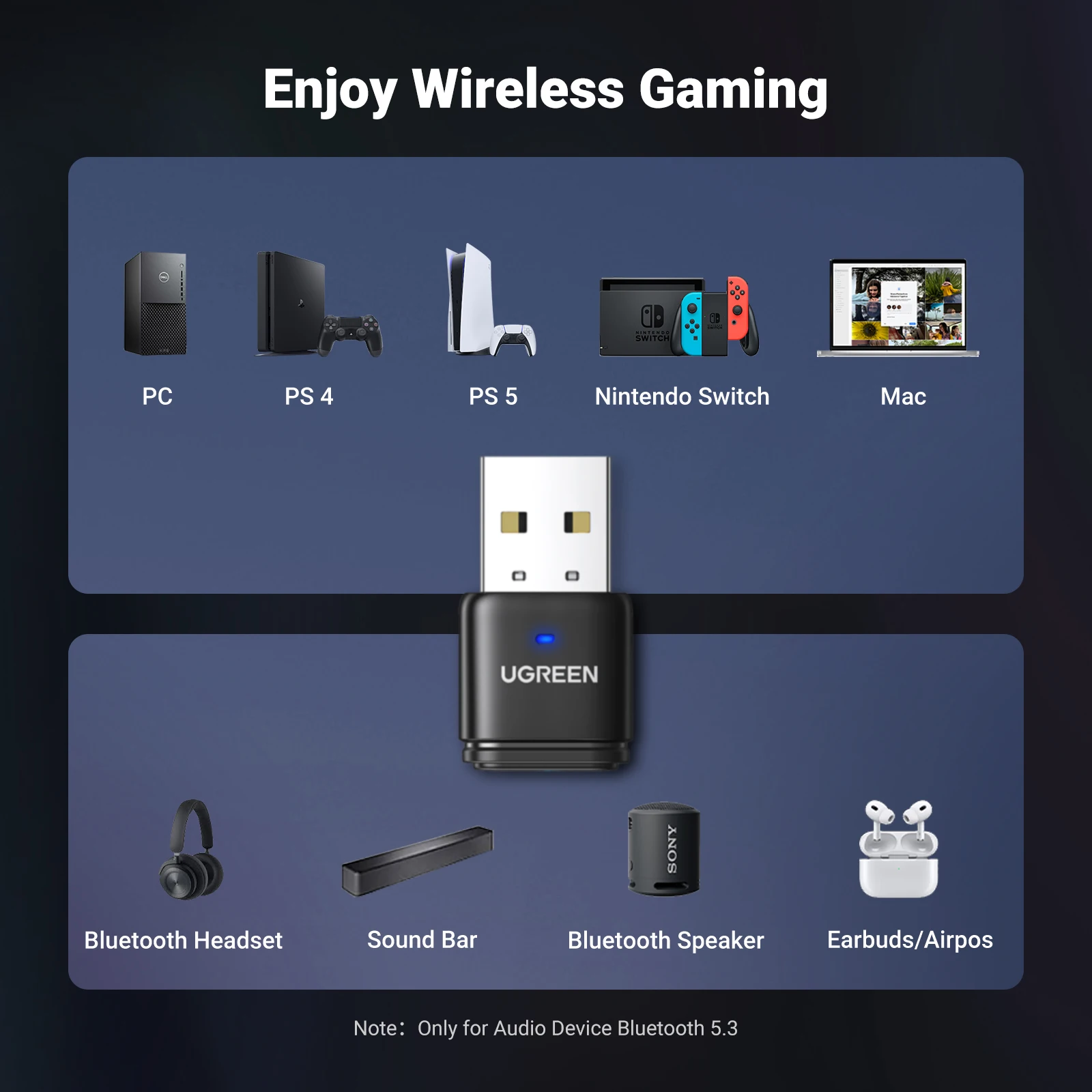 Ugreen-usb Transmissor Bluetooth 5.3 Adaptador de Áudio Aptx hd ad para Ps5 Ps4 Nintendo Switch Alto-falante Receptor Bluetooth Mic - Image 5