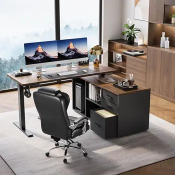 Electric L-Shaped Standing Desk, Adjustable Height Executive Desk with 4 Memory Presets, 55 x 23.6 Walnut Desktop for Home Offic 2