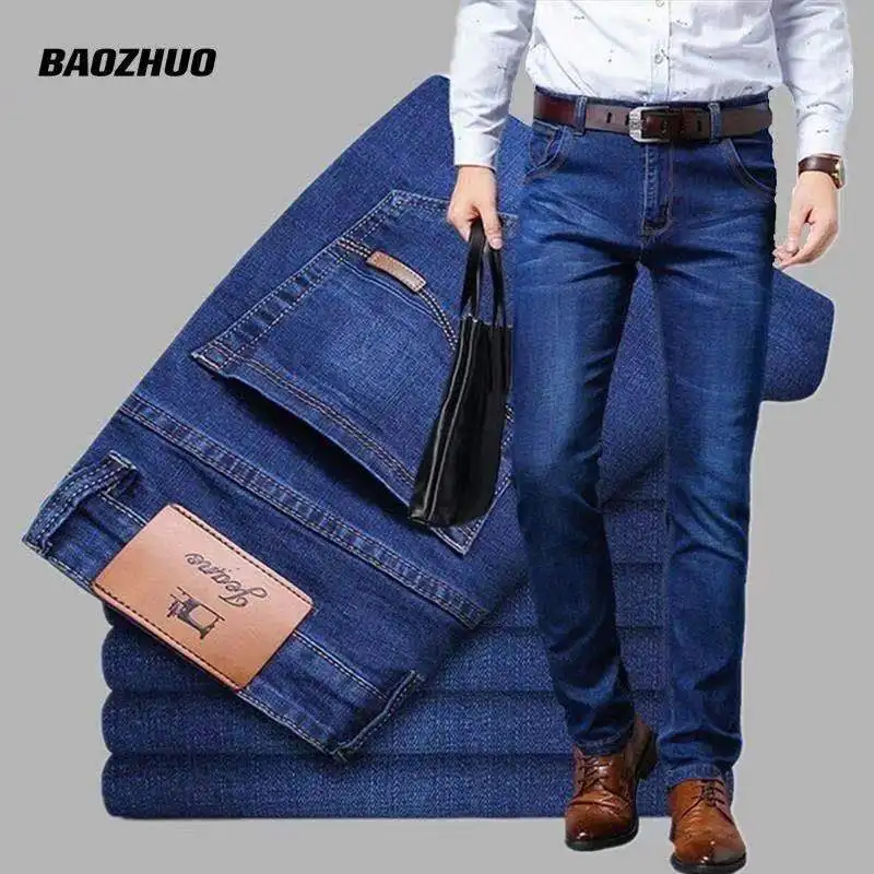 Men Business Casual Jeans Oversize Denim Pants Trousers Baggy Stretch Jeans Summer Autumn