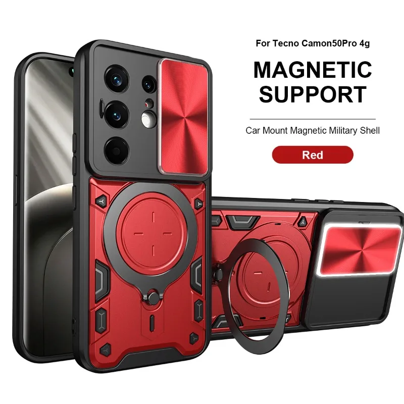 Tecno Camon Heavy Duty Shockproof Armor Case with Magnetic Ring Holder and Slide Lens Protection Cover