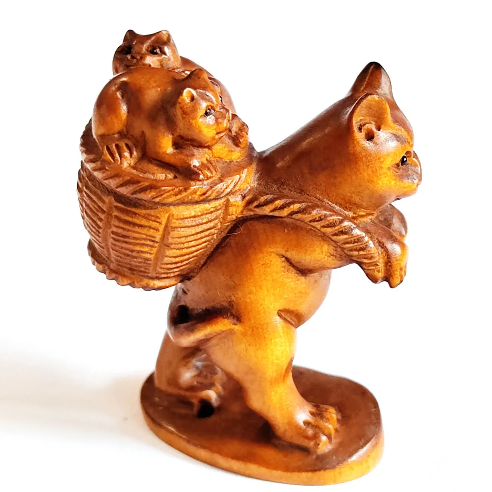 

Y8545: 2-Дюймовая резная вручную фигурка Netsuke из бокса-кошка, мама и 2 младенца