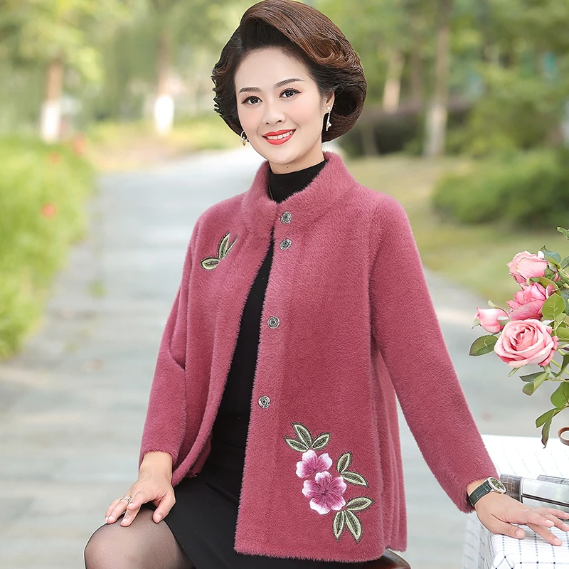 

Women Winter Jacket High Quality Thick Imitation Mink Cashmere Coat Middle-aged Mother Knit Sweater Cardigans Jackets M-5XL