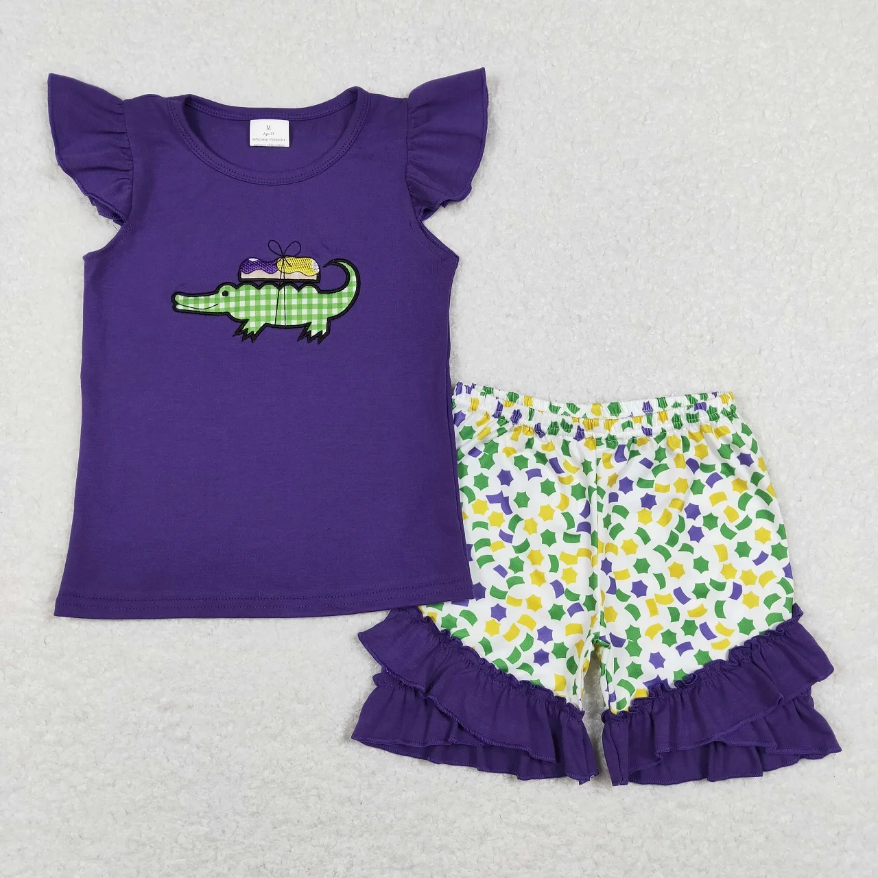 

Wholesale Kids Mardi Gras Purple Set Baby Girl Short Sleeves Embroidery Cotton Shirts Toddler Children Ruffle Shorts Outfit