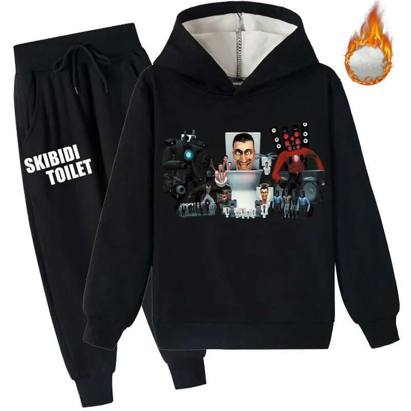 

Skibidi Toilet New Children's Clothing Monitor Toilet Man Printed Casual Velvet Sweatshirt + Velvet Trousers Set
