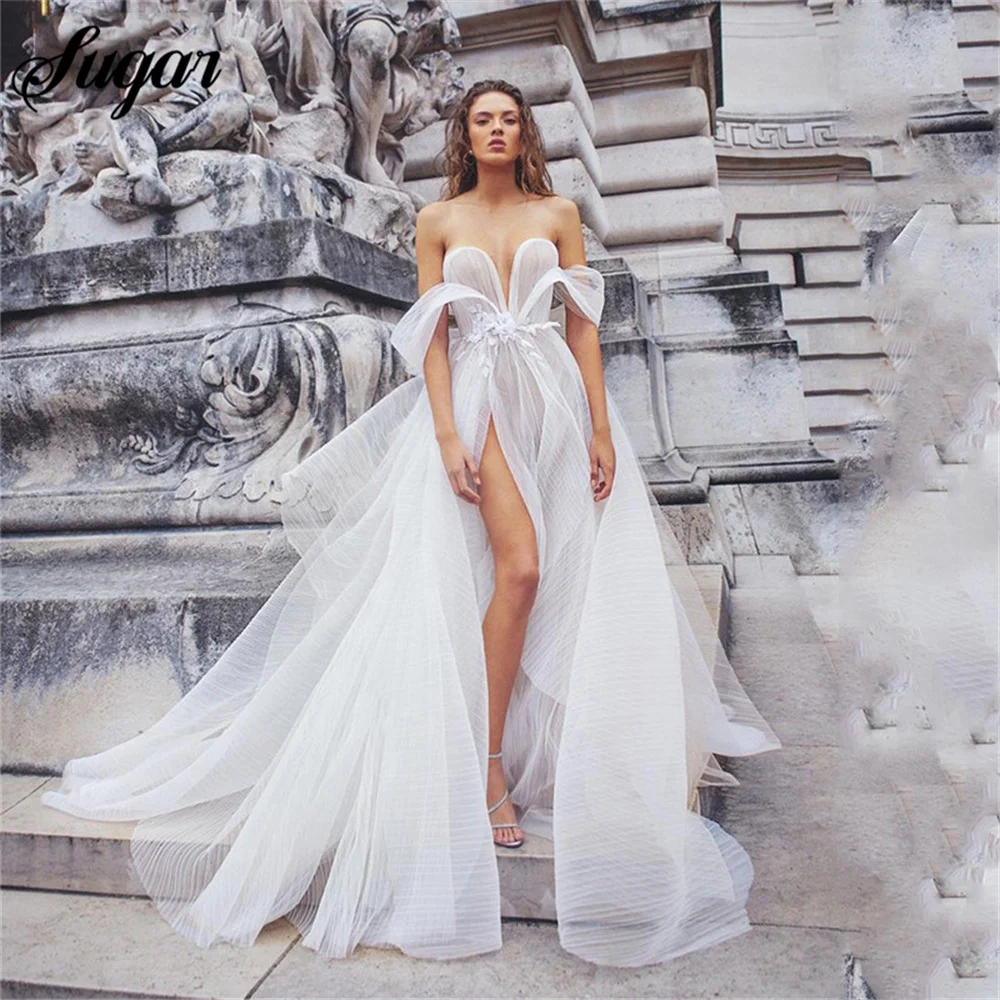 

Boho Wedding Dress High Split Lace Bride Dress Off The Shoulder Vestidos de novia Backless Bride Wedding Gowns vestido novia