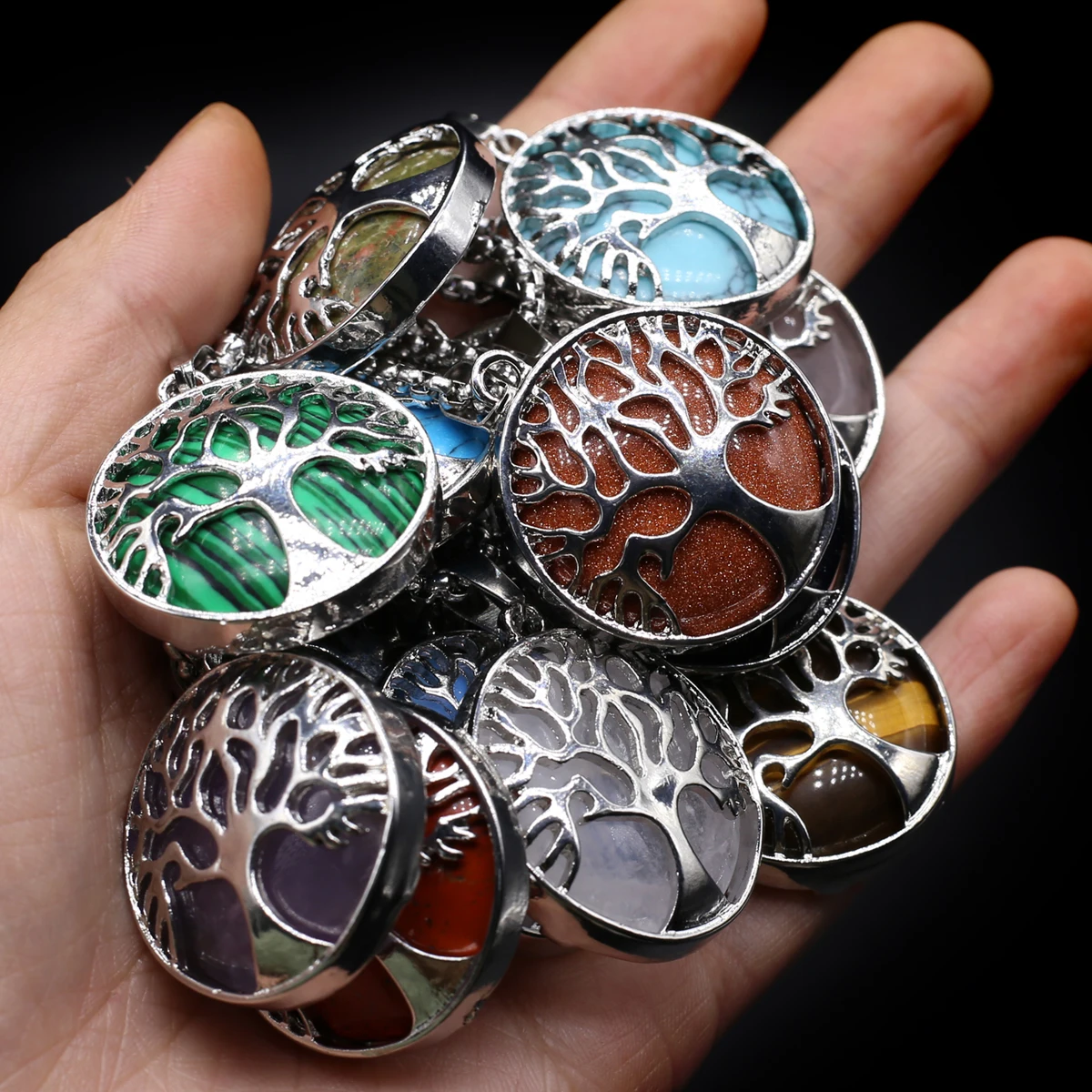 10PCS Wholesale Natural Stone Round Metal Life Tree Pendant Jewelry Making DIY Necklace Earrings Accessories Charm Gift