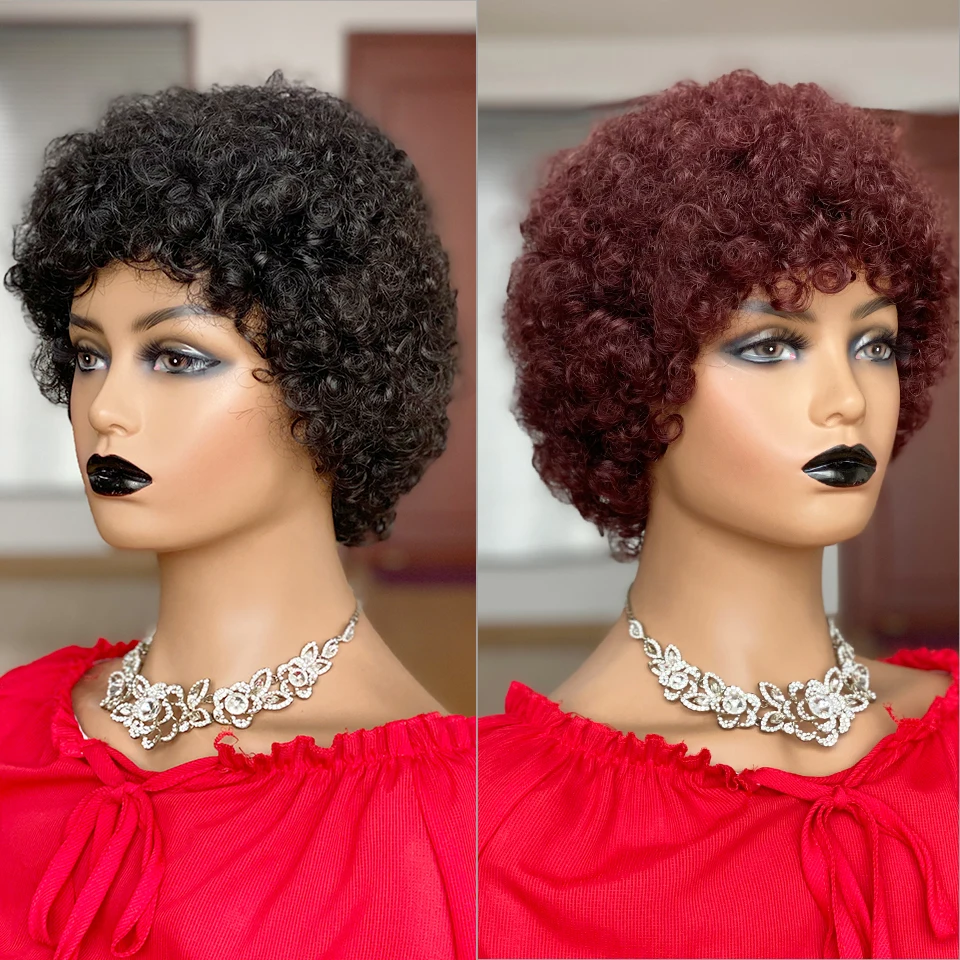 Short Afro Kinky Curly Wig Pixie Cut Wigs Brazilian Remy Hair Afro Puff Human Hair Wigs For Women Full Mahine Made