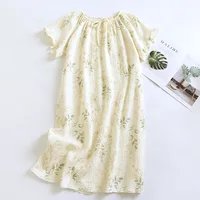 2026 New Women's Pajama Skirt 100% Pure Cotton Crepe Medium Length Short Sleeve Pajama Skirt Fragmented Flower Sweet Home Dress
