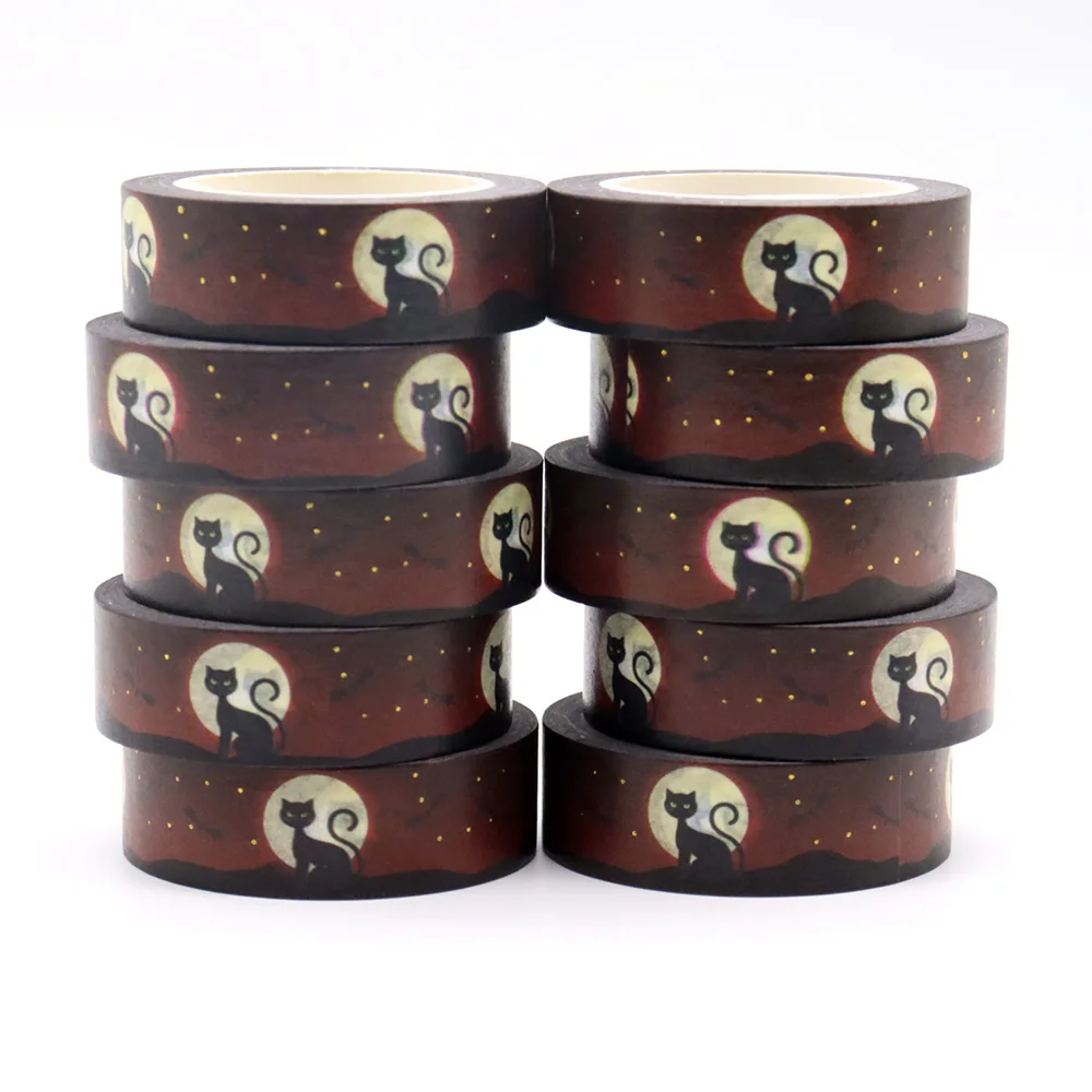 

2022 NEW 10pcs/Lot 15mm*10m Foil Halloween Bat Cat Moon Decorative Washi Tape Scrapbooking Masking Tape School Office Supply