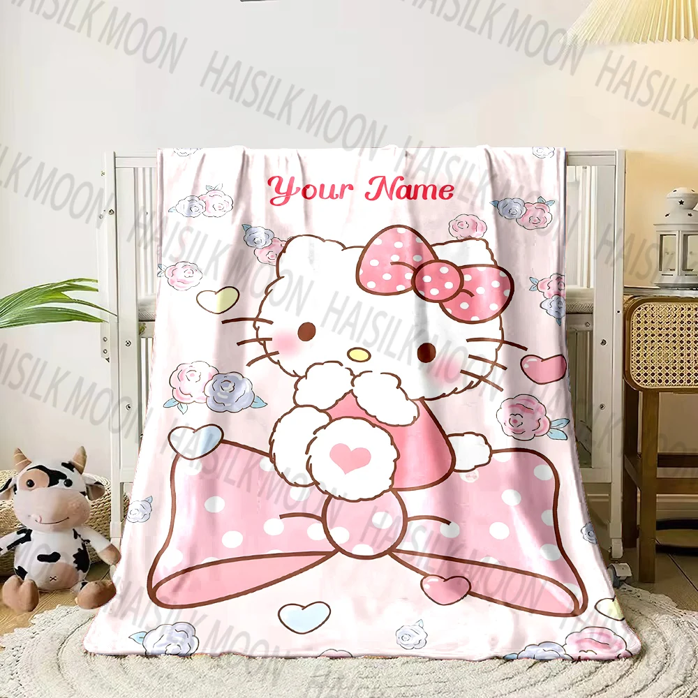 (Memo U Name) 1PC Hello Kitty Printed Blanket Can Be Custom with Name, Soft and Warm, Suitable for Home, Office, Camping,Car