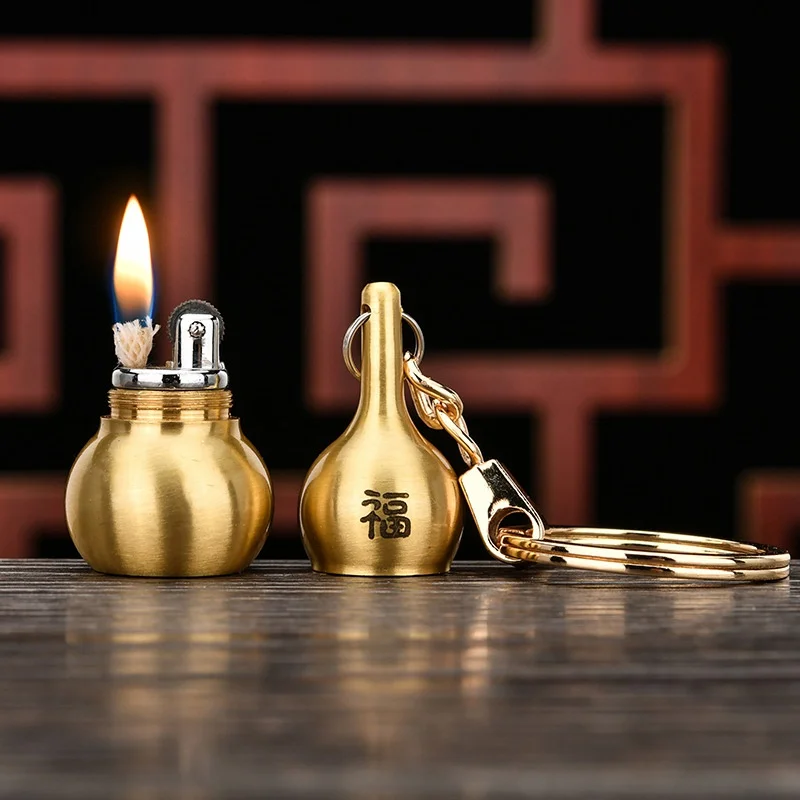 CHIEF Pure Copper Gourd Keychain Pendant Kerosene Lighter Personality Vintage Grinding Wheel Retro Portable Cigarette Lighter