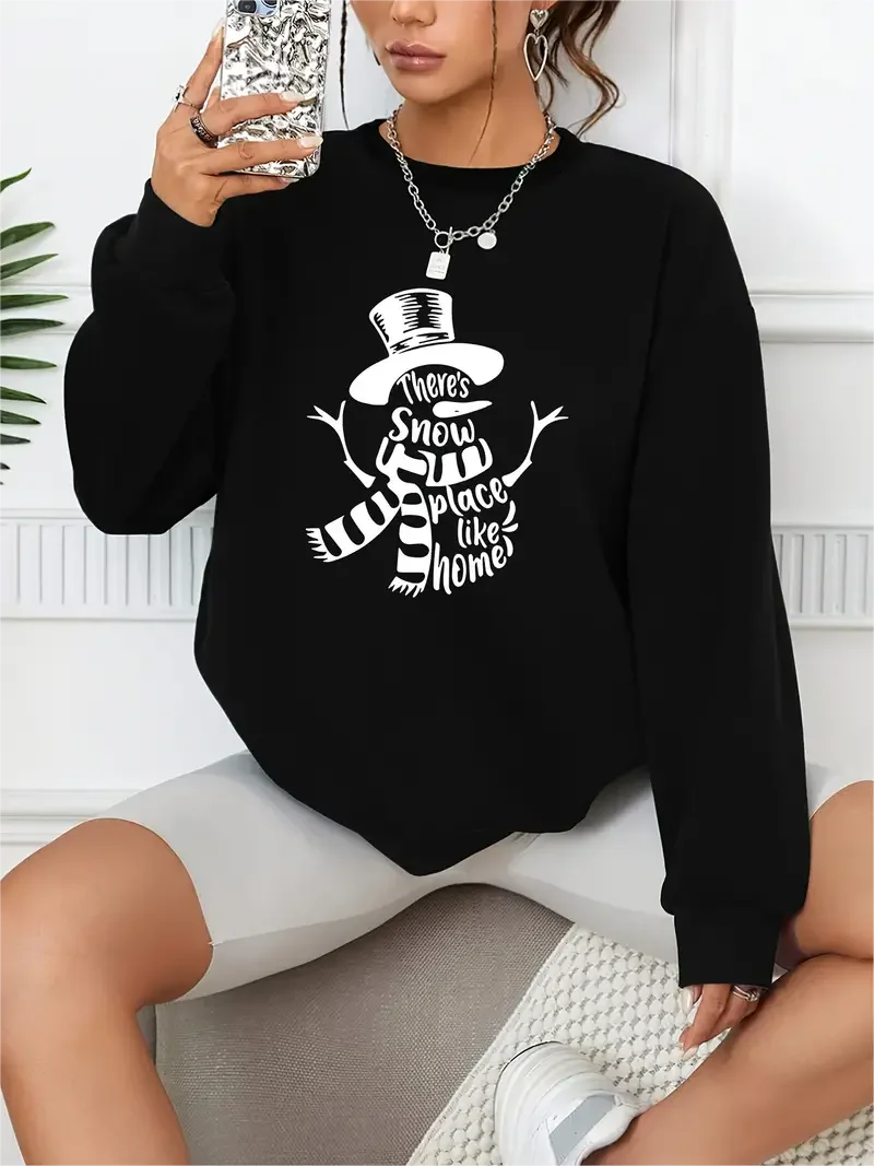 Snowman Print Pullover Casual Loose Fashion Long-Sleeved Sweatshirt Solid Color Women's Top