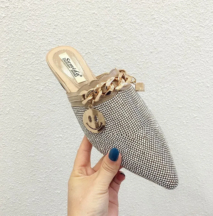 Pointed Toe Slippers Rhinestone Flat Sandals Shiny Metal Chain Women Evening Party Slides Shoes 2023 Summer Lady Half Slippers