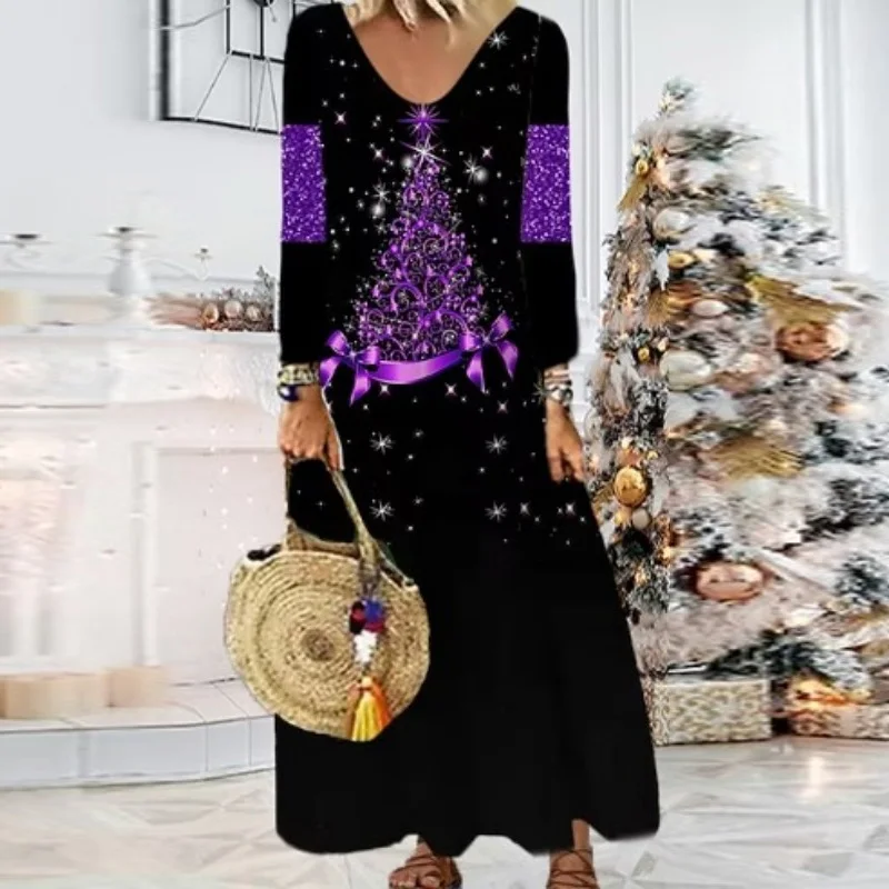 

Christmas Printed Loose Robe Dress Women V N-neck Long Sleeved Festival Party Dress 2023 Autumn Vintage Straight Oversize Dress
