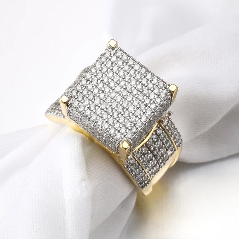 High Quality Men Rings Wide Square 3D Punk Zircon Jewelry Paved CZ Crystal Shiny Gift For Male
