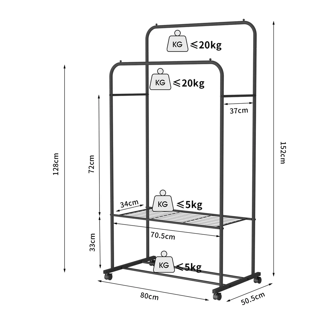 Heavy Metal Double Clothes Rail Hanging Rack Garment Display Stand Storage Shelf Rolling Closet Organizer