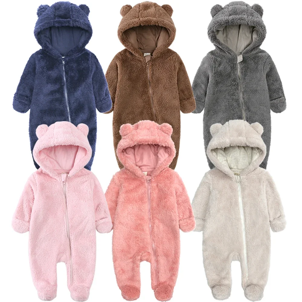 Baby Clothes Newborn Baby Winter Fleece Romper Solid Hooded Thick Infant Outfits for 0-24M Korean Casual Jumpsuit Boy Girl