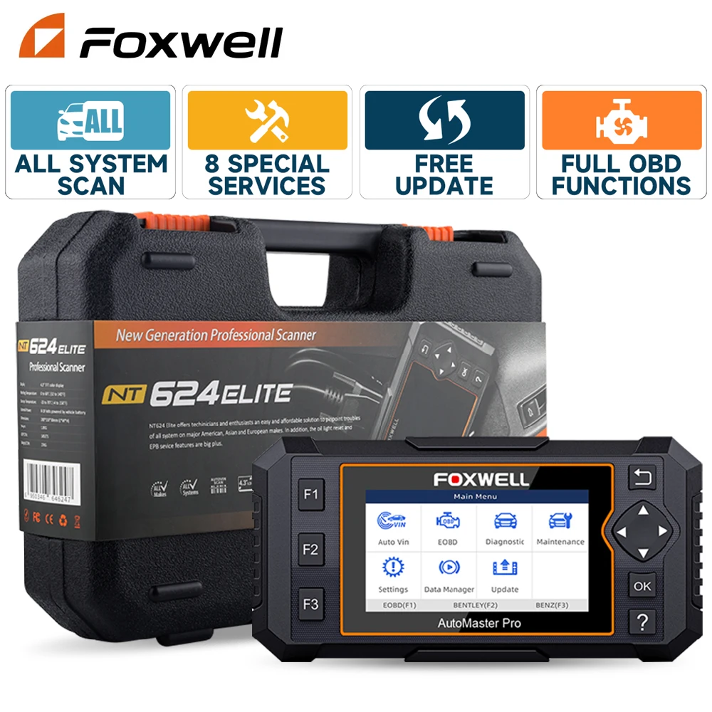 

Новинка 2024, сканер Foxwell NT624 Elite OBD2, диагностические инструменты, считыватель кода автомобиля для всех систем, ABS TPMS EPB 8, сброс OBD 2, автоматический сканер