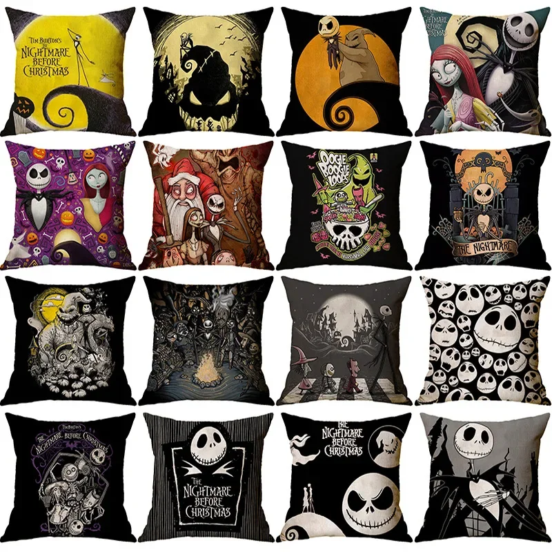 

Halloween Decorative Cushion 18x18 Inches Linen Pillowcase Cartoon Skull Jack Printed Cover Home Decor Pillow Case