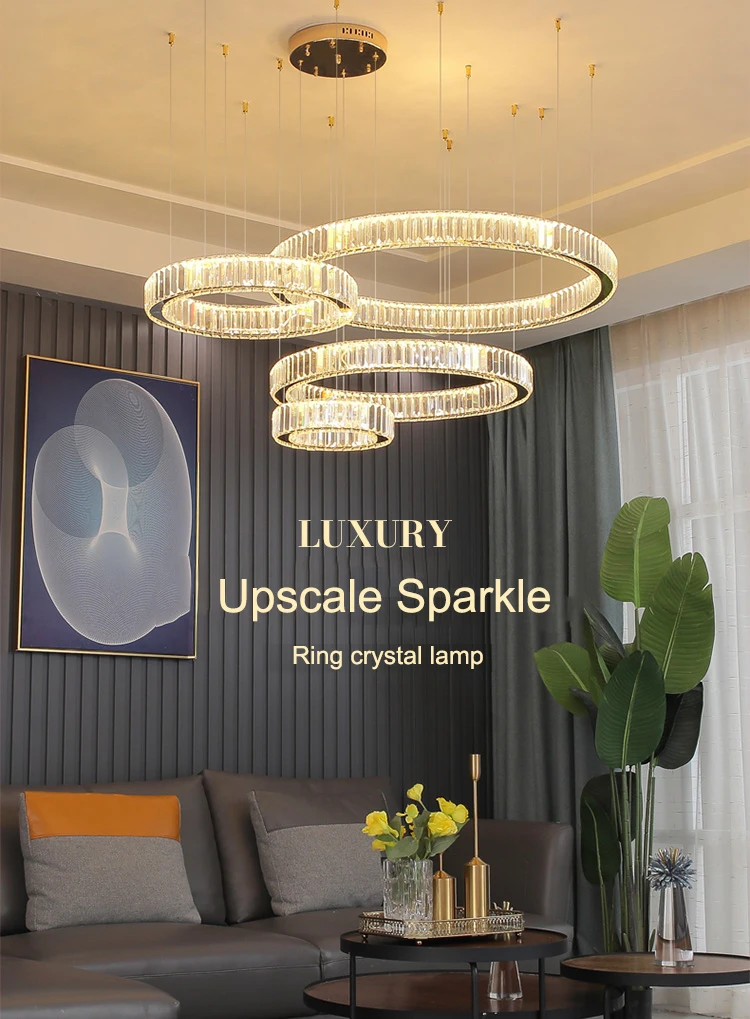 Description Picture 3 of itemModern Crystal Dimmable Led Chandelier Interior Bedroom Living Room Ceiling Pendant Lighs Luxury Ring Luster Lighting Fixtures
