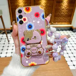 Vibrant Floral Phone Accessory Set: Case, Lanyard & Rabbit Stand - Galaxy M31 (PURPLE)