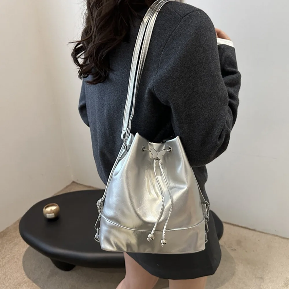 Zaino in PU con Fiocco Stile Preppy alla Moda, Borsa a Secchiello con Coulisse Dolce e Casual, Borsa a Spalla Semplice Monocolore per Ragazze - immagine 3