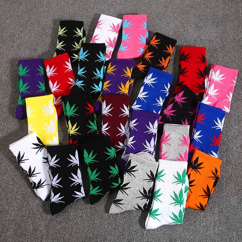 

53 Colors Cool 36- 44 Unisex Men's Funny Skateboard Socks Long Happy Maple Leaf Sokken Cotton Weed Grass White Black Sox