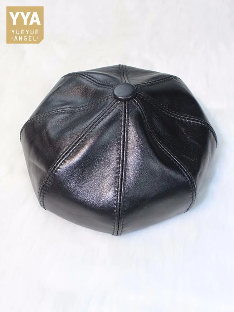 Hot Sale Women Spring Autumn Real Sheepskin Berets Vintage British Windproof Soft Genuine Leather Octagonal Cap Casual Ladies_voghion.com