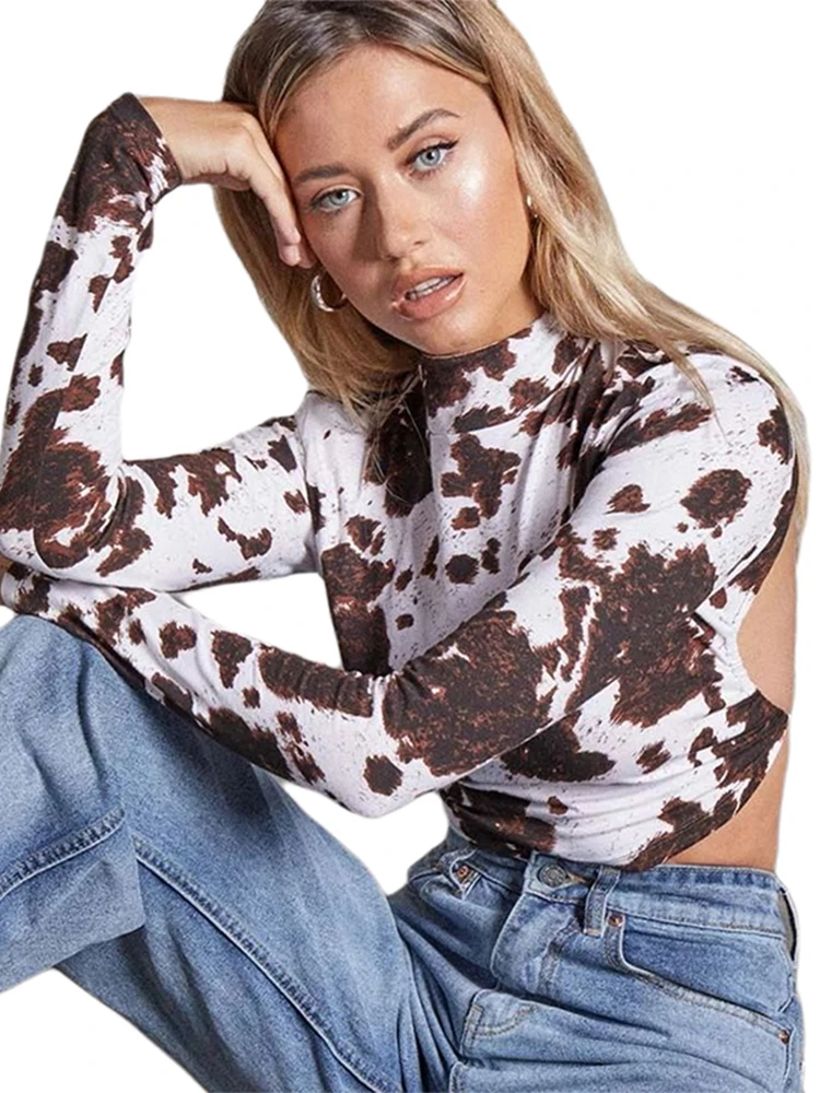 Women Dragon Pattern Print Crop T-shirts Tops Long Sleeve Backless