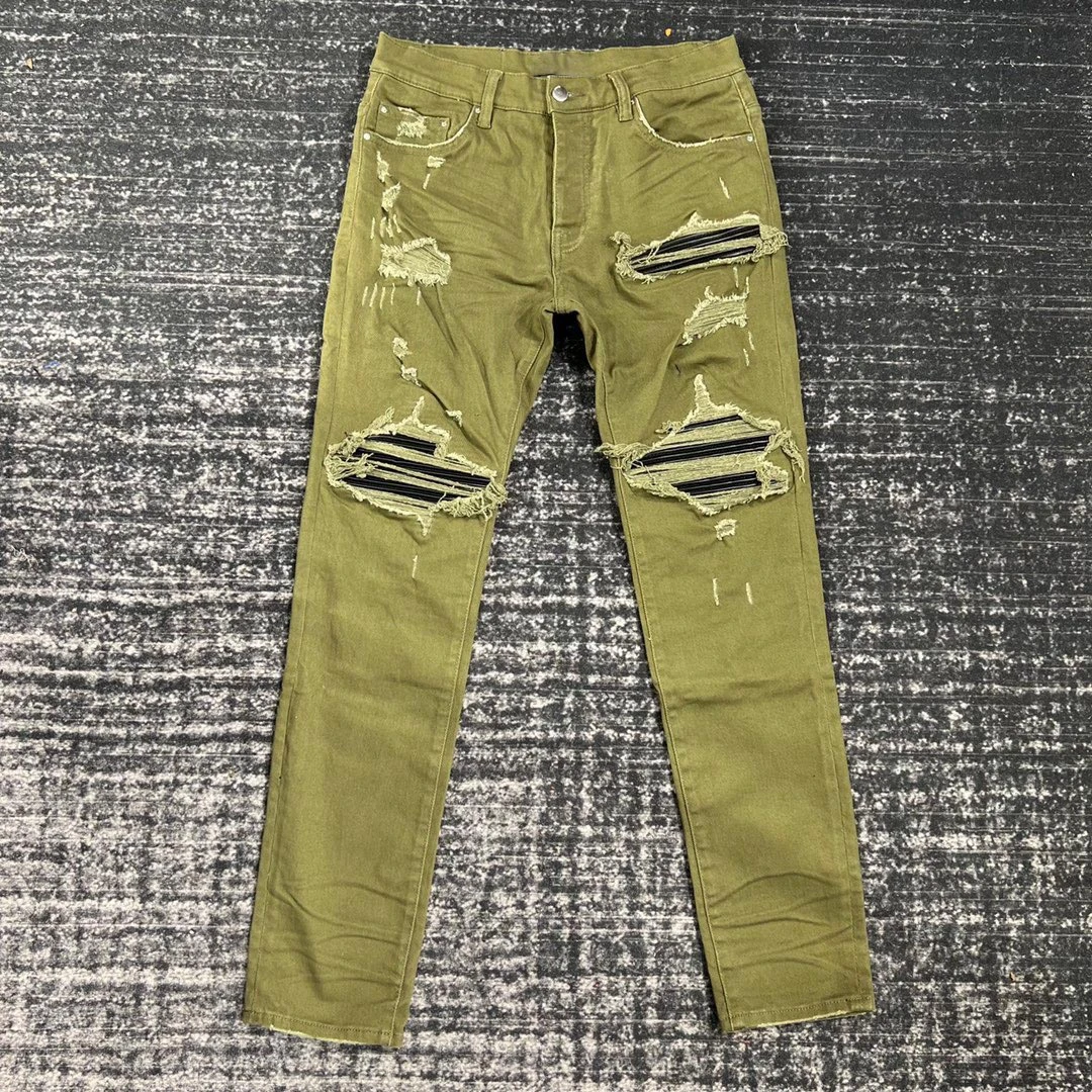 Men Pu Leather Patch Distressed Army Green Jeans Jeans AliExpress