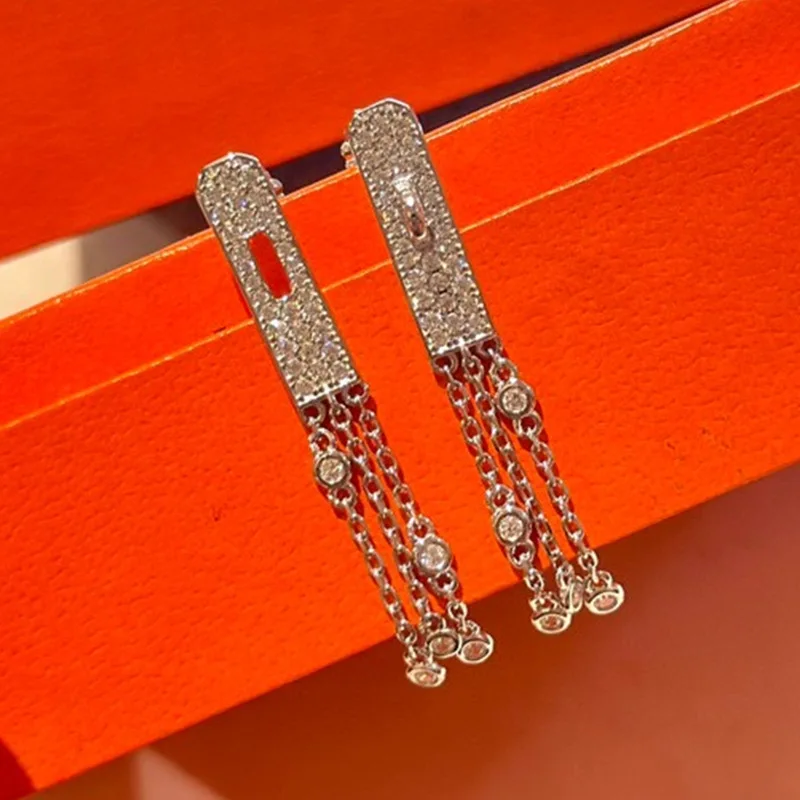 

High Quality 925 Sterling Silver Asymmetric Tassel Full Zircon Studs Earrings For Women Luxury Fine Jewelry