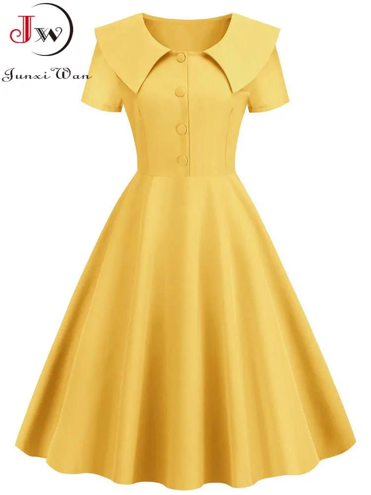 Vintage 50s High Waist Pleated Midi Dress for Women Elegant Peter Pan Collar Solid Sundress for Party 1