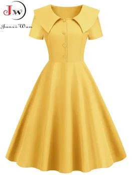 Vintage 50s High Waist Pleated Midi Dress for Women Elegant Peter Pan Collar Solid Sundress for Party 1